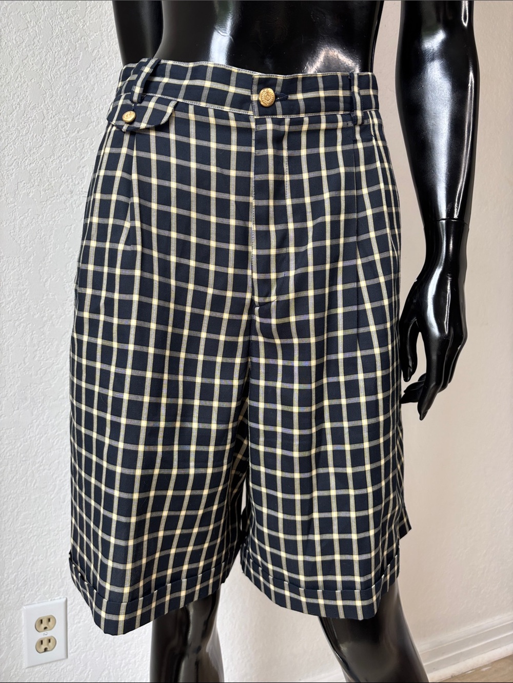 VTG High-Waist Navy & Cream Plaid Tailored Women's Shorts